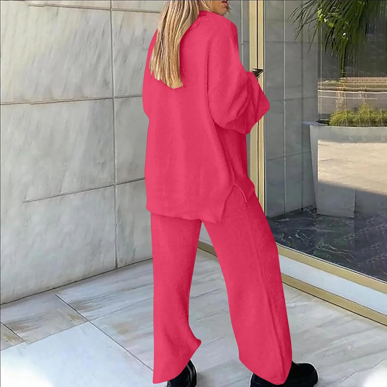 Lastesso Womens Fuzzy Loungewear Set Casual Size Solid Lounge Wear Soft V-Neck Pullovers Puff Palazzo Pants Soft Homewear Set