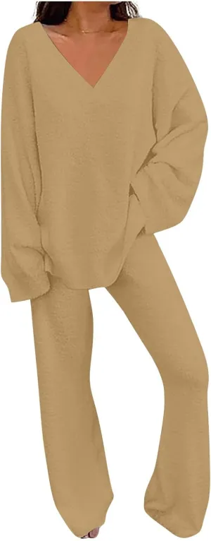 Lastesso Womens Fuzzy Loungewear Set Casual Size Solid Lounge Wear Soft V-Neck Pullovers Puff Palazzo Pants Soft Homewear Set
