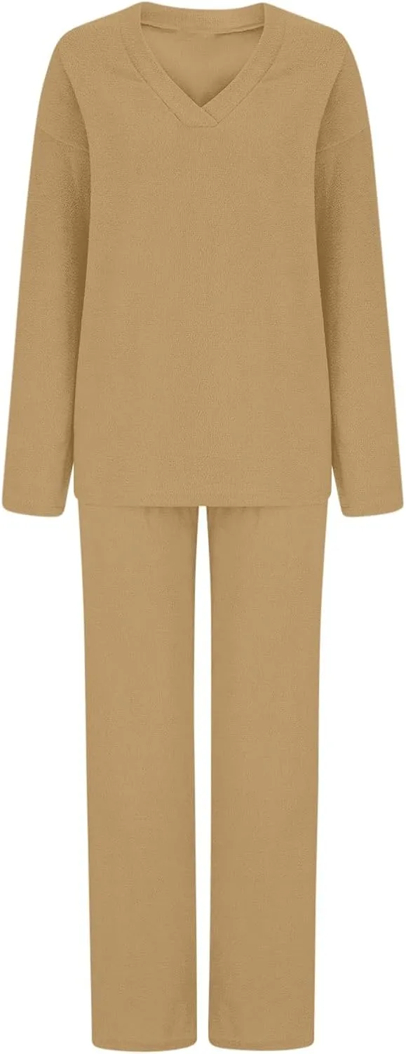 Lastesso Womens Fuzzy Loungewear Set Casual Size Solid Lounge Wear Soft V-Neck Pullovers Puff Palazzo Pants Soft Homewear Set