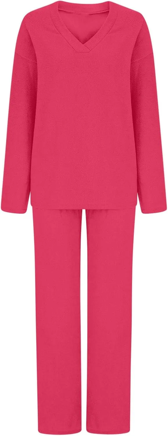 Lastesso Womens Fuzzy Loungewear Set Casual Size Solid Lounge Wear Soft V-Neck Pullovers Puff Palazzo Pants Soft Homewear Set