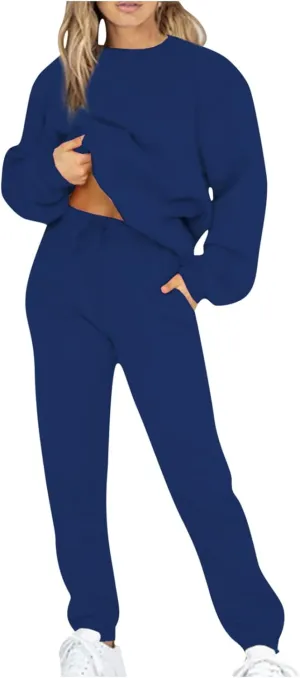 Lastesso Womens Loungewear Set Plus Size Sweatsuits Crewneck Long Sleeve Sweatshirt Baggy Sweatpants Outfits 2 Piece Sets