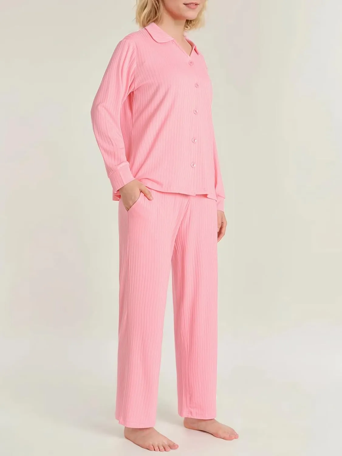 Latuza Women's Petite Pajamas Set Ribbed Knit Long Sleeve Pajamas Petite Size