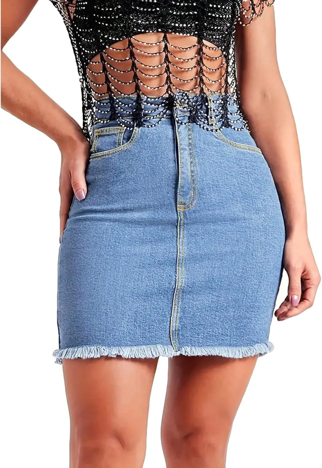 lcyhony Womens Jean Skirt Y2k High Waisted Tummy Control Pencil Mini Skirts Summer Boyfriend Frayed Denim Skirt with Pockets