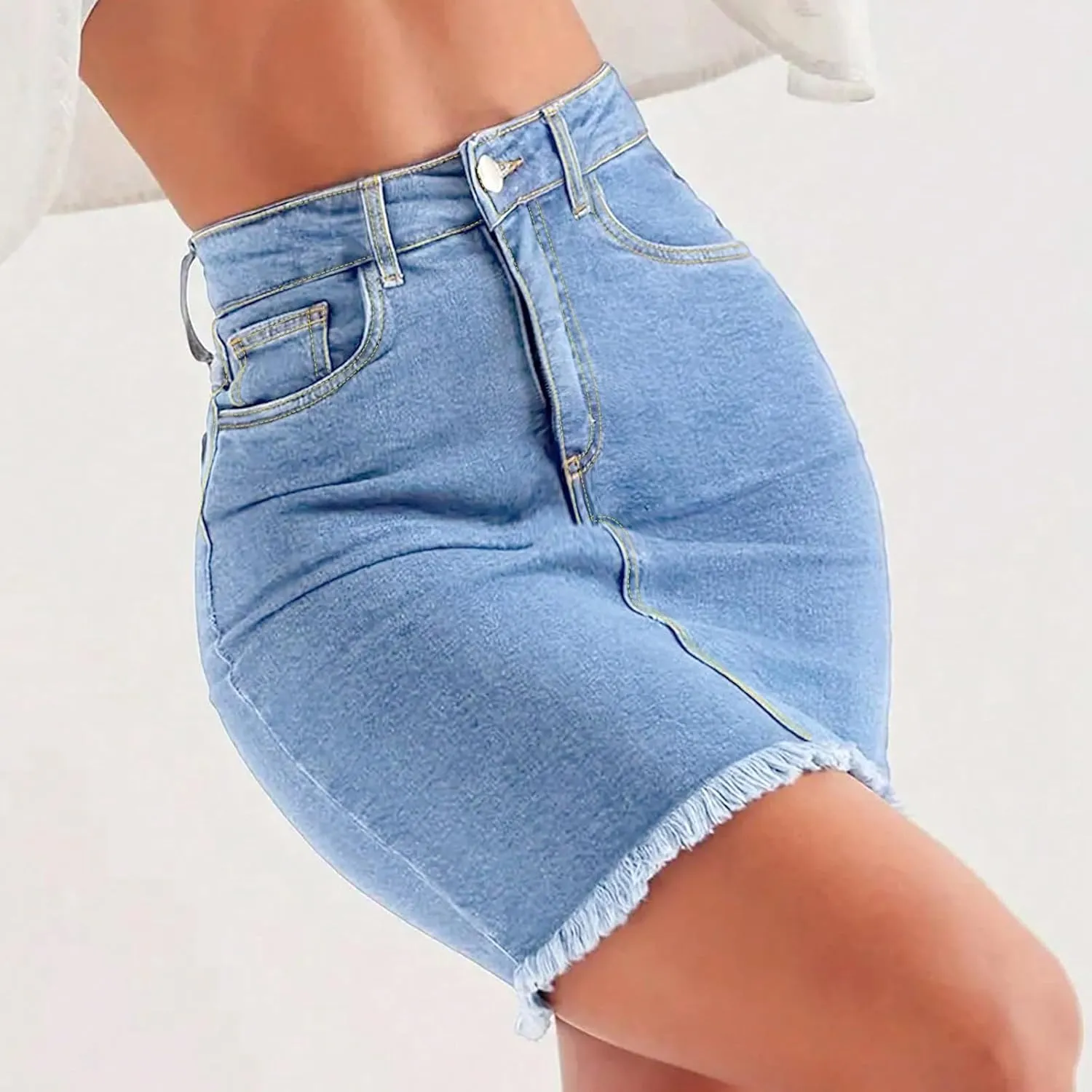 lcyhony Womens Jean Skirt Y2k High Waisted Tummy Control Pencil Mini Skirts Summer Boyfriend Frayed Denim Skirt with Pockets
