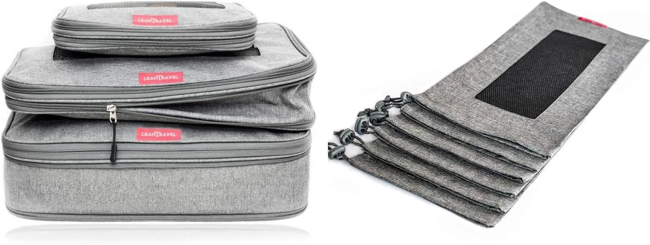 LeanTravel Bundle Compression Packing Cubes Set of 3   Shoe bags for Travel Set of 6 - Color Grey