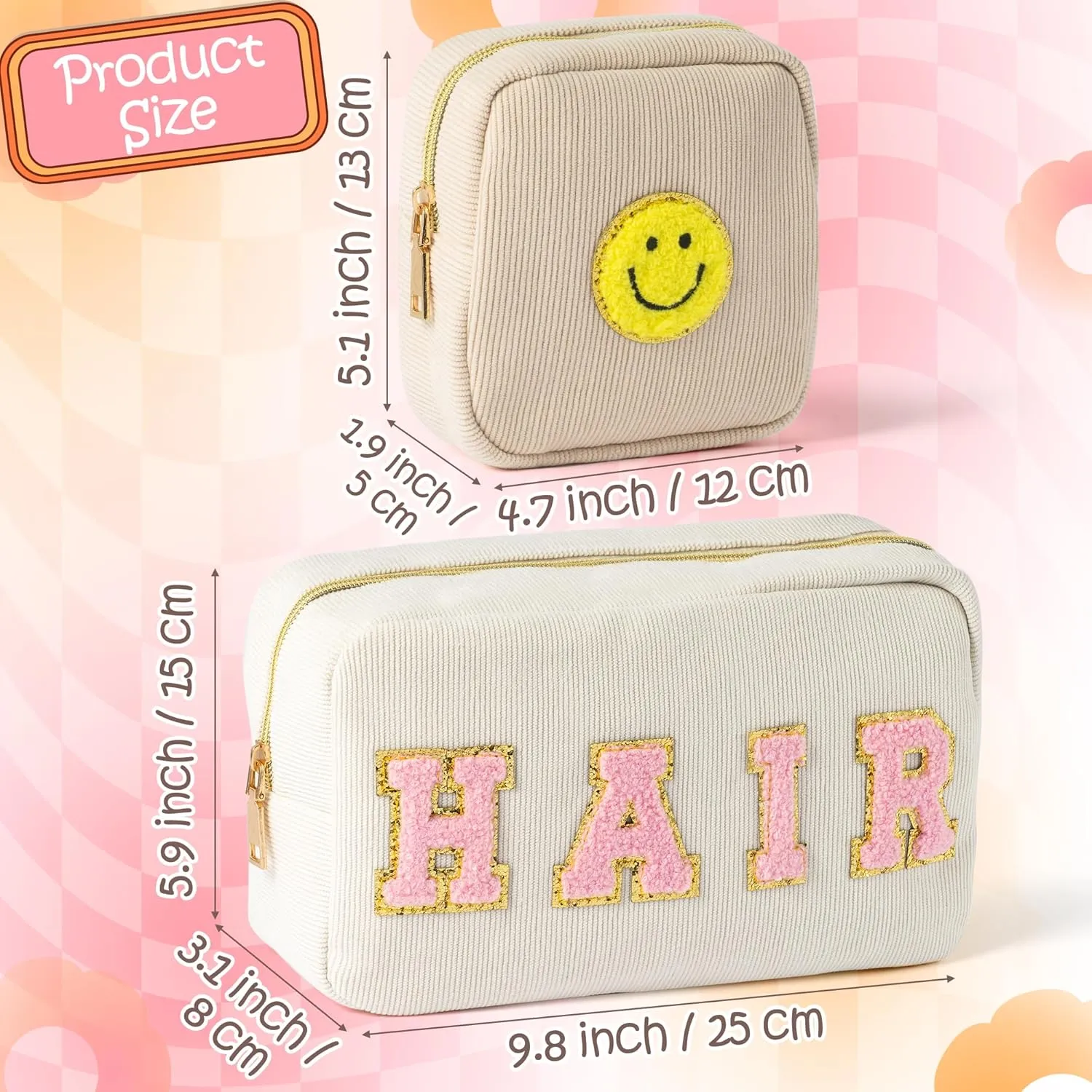 LieToi 3Pcs Preppy Corduroy Makeup Bags Set, SKIN HAIR Chenille Letter Patch Cosmetic Bag Portable Toiletry Purse Large Capacity Storage Zipper Travel Organizer Pouch for Women Girls