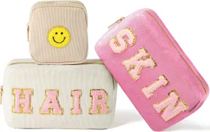 LieToi 3Pcs Preppy Corduroy Makeup Bags Set, SKIN HAIR Chenille Letter Patch Cosmetic Bag Portable Toiletry Purse Large Capacity Storage Zipper Travel Organizer Pouch for Women Girls