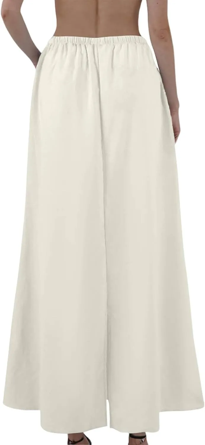Linen Maxi Skirts for Women 2025 Summer Drawstring Low Rise A Line Skirts Cute Comfy Vacation Boho Long Fishtail Skirt
