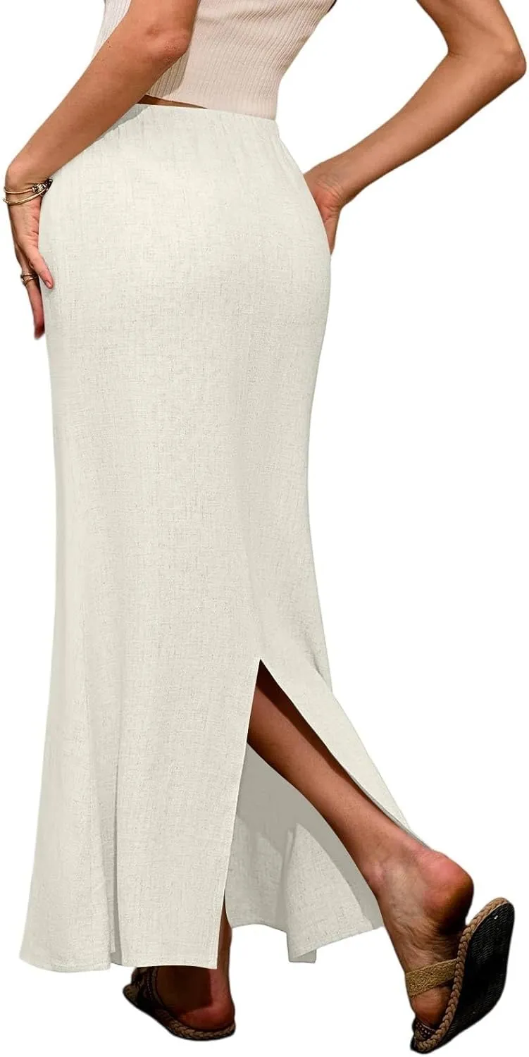 Linen Maxi Skirts for Women 2025 Summer Drawstring Low Rise A Line Skirts Cute Comfy Vacation Boho Long Fishtail Skirt
