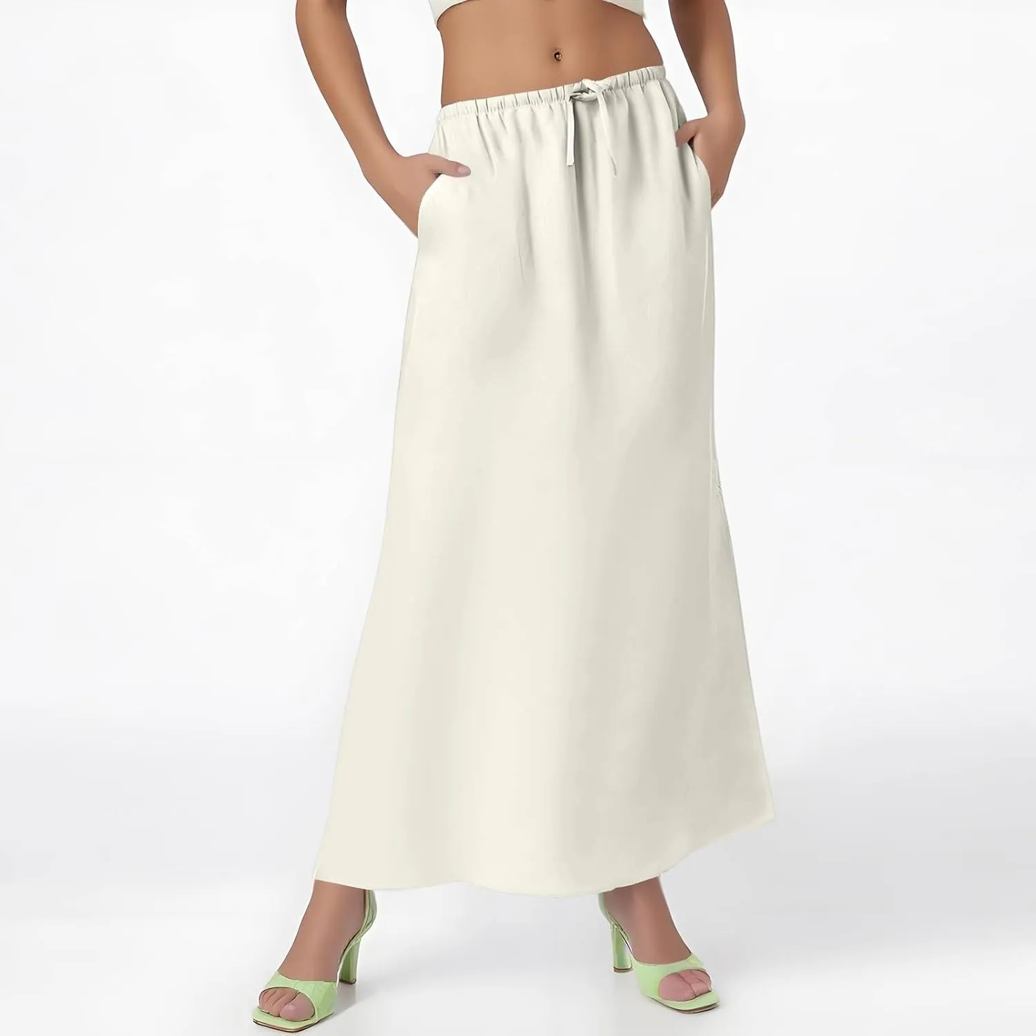 Linen Maxi Skirts for Women 2025 Summer Drawstring Low Rise A Line Skirts Cute Comfy Vacation Boho Long Fishtail Skirt