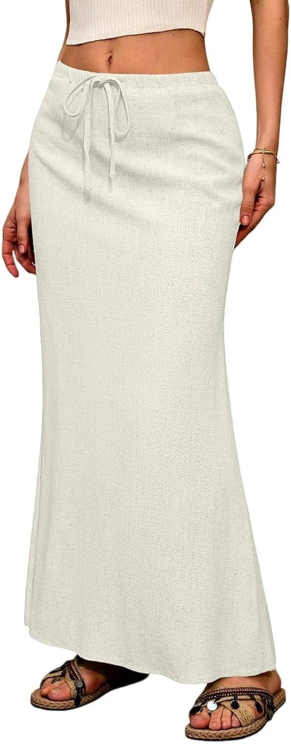 Linen Maxi Skirts for Women 2025 Summer Drawstring Low Rise A Line Skirts Cute Comfy Vacation Boho Long Fishtail Skirt