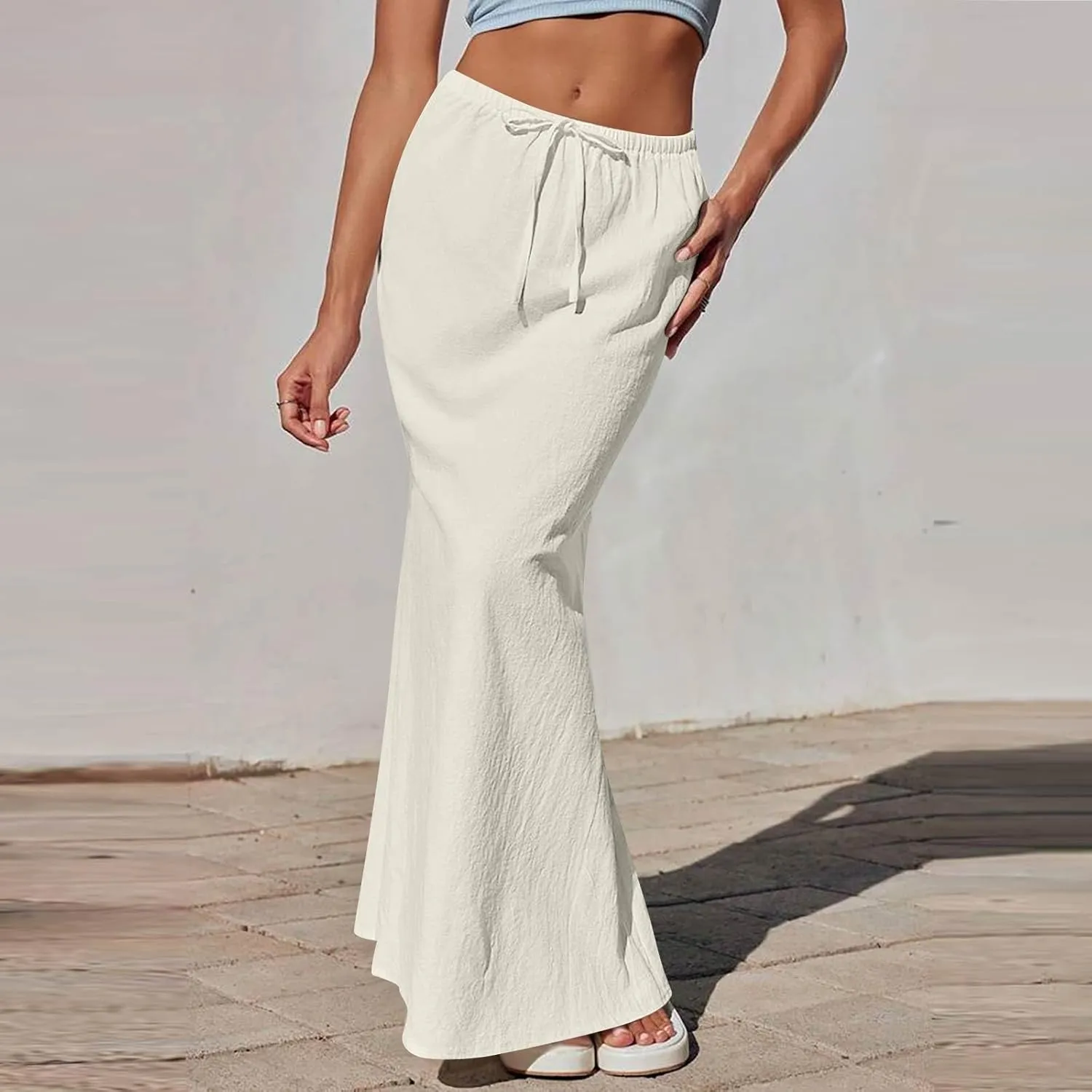 Linen Maxi Skirts for Women 2025 Summer Drawstring Low Rise A Line Skirts Cute Comfy Vacation Boho Long Fishtail Skirt