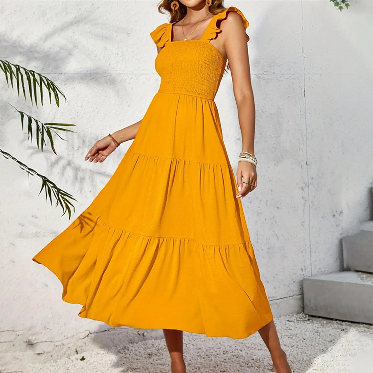Lmdudan Women Ruffle Sleeveless Summer Sundress Square Neck High Waisted A Line Swing Tank Dress Trendy Solid Beach Dresses