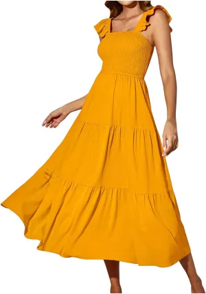 Lmdudan Women Ruffle Sleeveless Summer Sundress Square Neck High Waisted A Line Swing Tank Dress Trendy Solid Beach Dresses