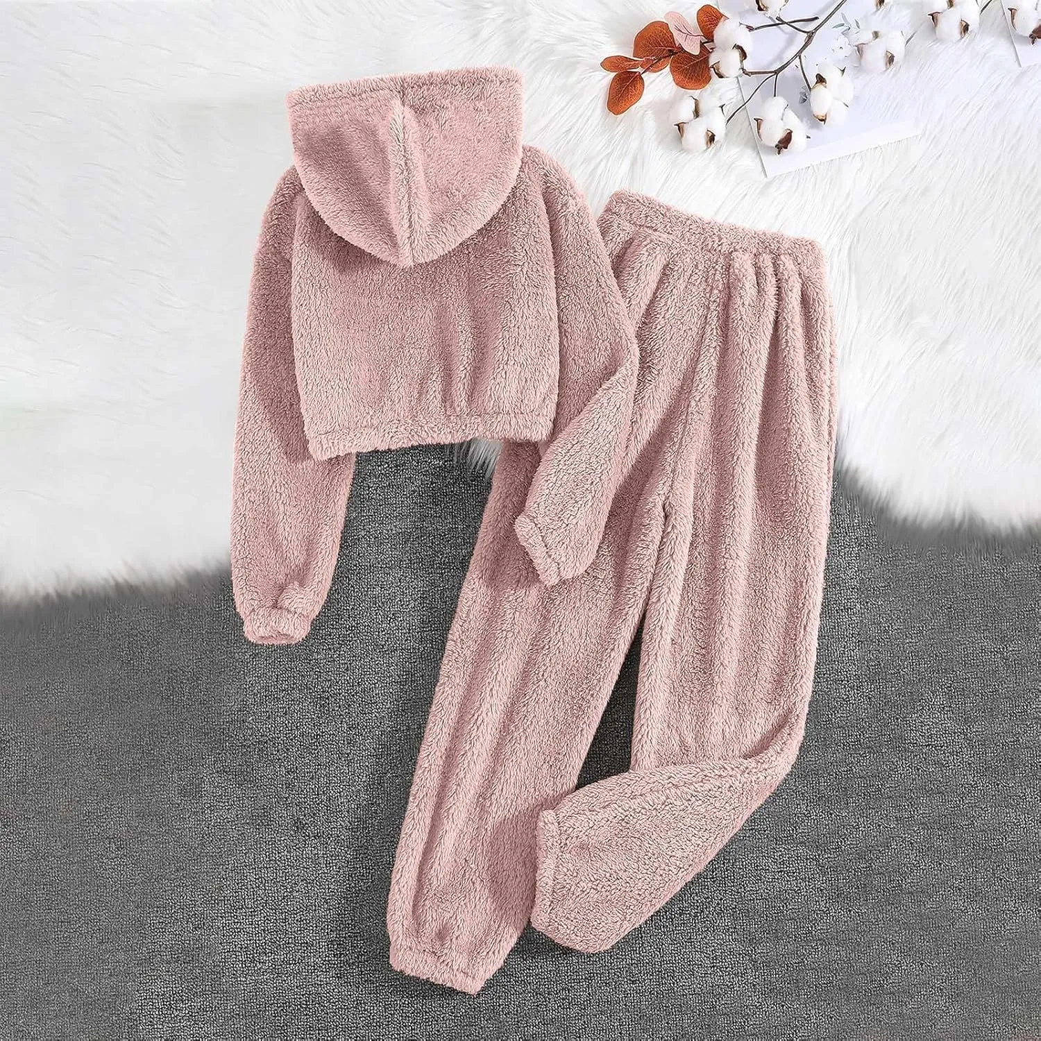 Lmdudan Women's Fuzzy Fleece Pajamas Sets Loungewear Long Sleeve Casual Hoodies Tops and Pants Set 2 Piece Fluffy Sleepwear