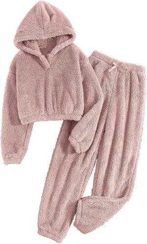 Lmdudan Women's Fuzzy Fleece Pajamas Sets Loungewear Long Sleeve Casual Hoodies Tops and Pants Set 2 Piece Fluffy Sleepwear