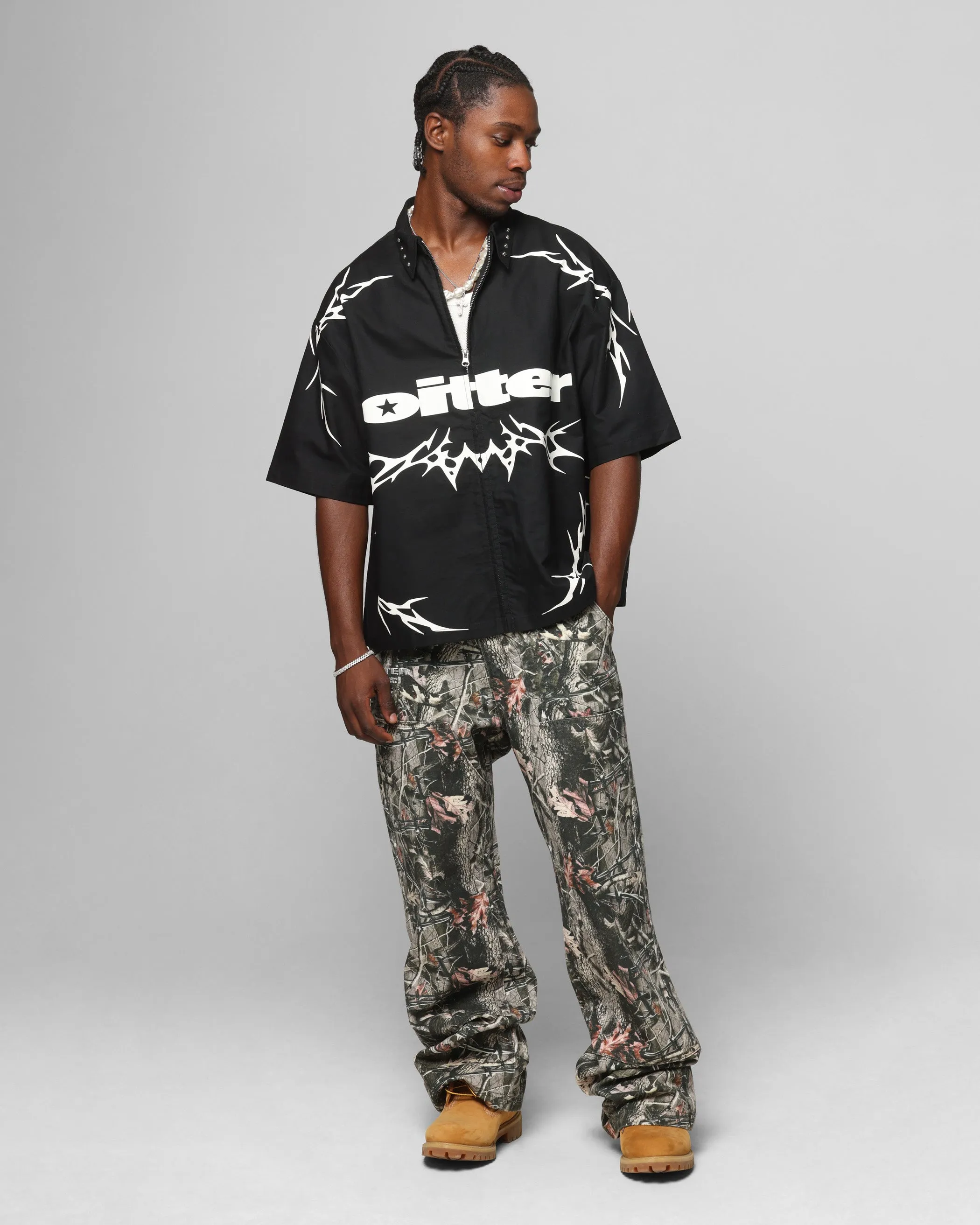Loiter Cyber Zip Up Short Sleeve Shirt Black