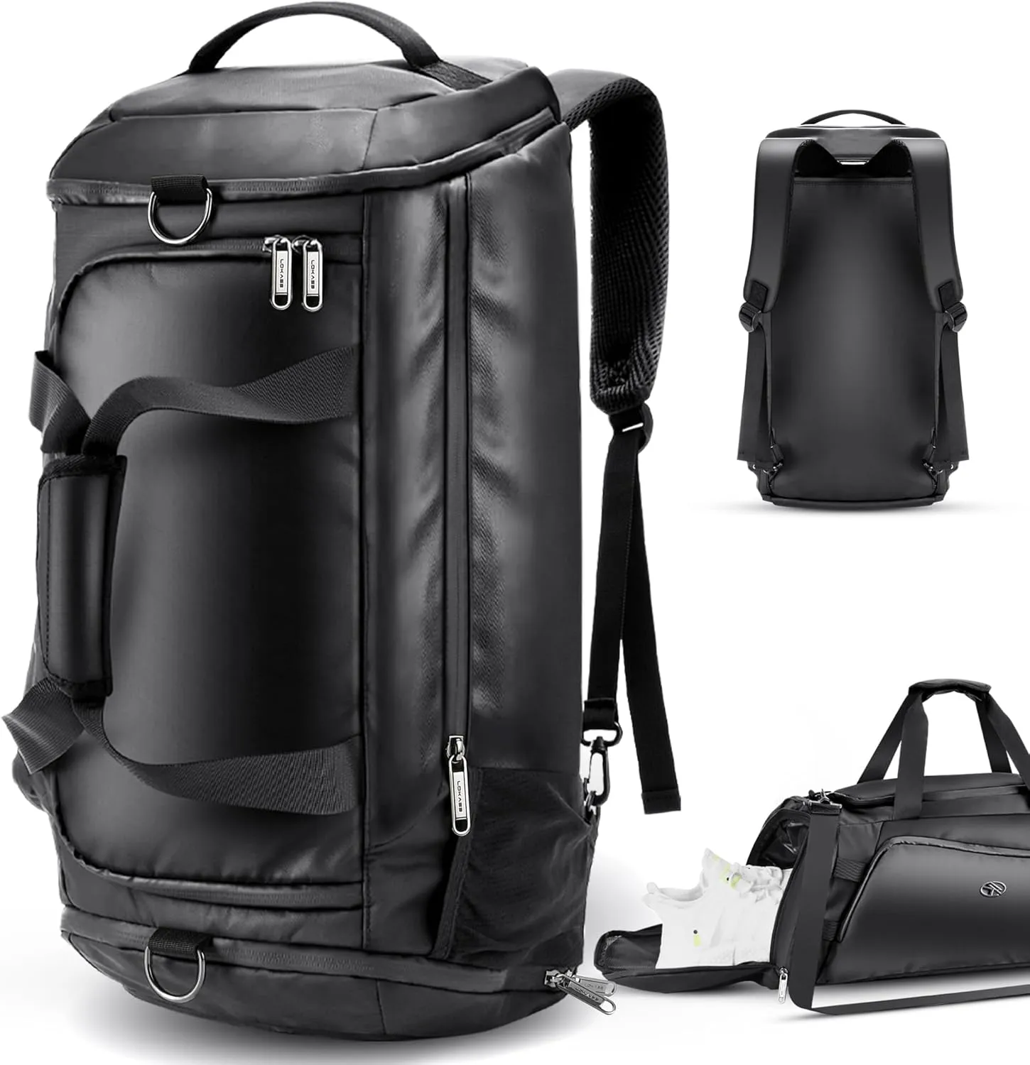 LOKASS Gym Bag for Men/Women-Duffle Sports Bag with Shoe Compartment, Carry On Weekender/Overnight Bag, Waterproof Gym Backpack Travel Bag for Camping (BlackLarge)