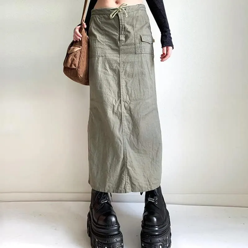 Long Cargo Skirt for Women with Pockets Low Rise Drawstring Shirred Baggy Long Skirts E Girls Vintage Harajuku Streetwear