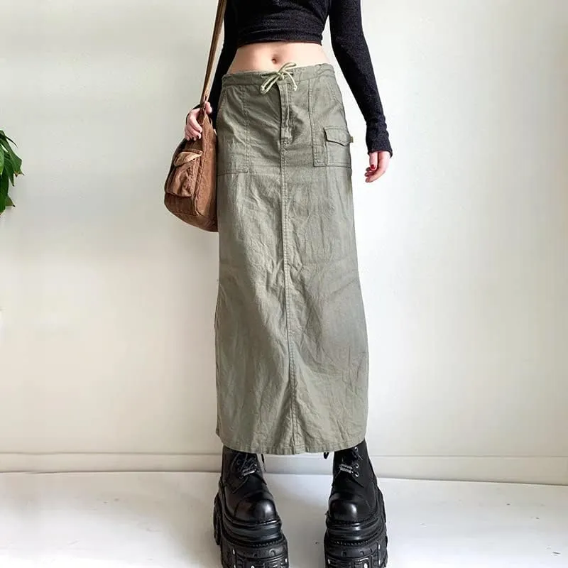 Long Cargo Skirt for Women with Pockets Low Rise Drawstring Shirred Baggy Long Skirts E Girls Vintage Harajuku Streetwear