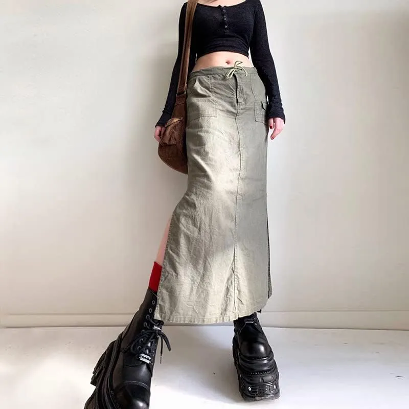 Long Cargo Skirt for Women with Pockets Low Rise Drawstring Shirred Baggy Long Skirts E Girls Vintage Harajuku Streetwear