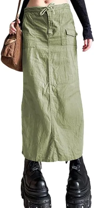 Long Cargo Skirt for Women with Pockets Low Rise Drawstring Shirred Baggy Long Skirts E Girls Vintage Harajuku Streetwear