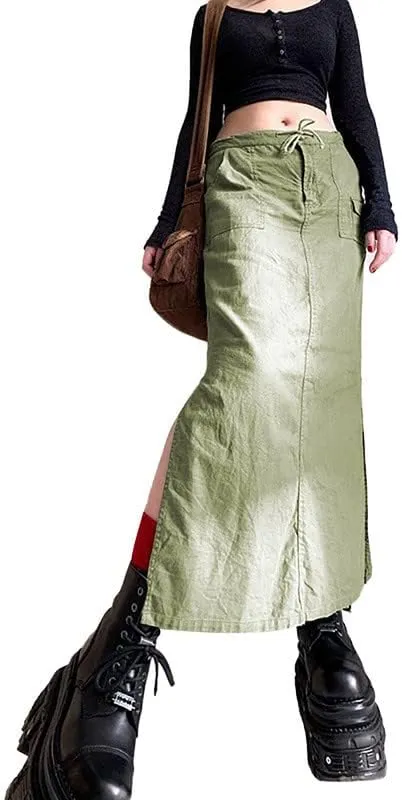 Long Cargo Skirt for Women with Pockets Low Rise Drawstring Shirred Baggy Long Skirts E Girls Vintage Harajuku Streetwear