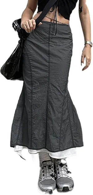 Long Cargo Skirts for Women with Pockets Low Rise Drawstring Shirred Baggy Skirt E Girls Vintage Harajuku Streetwear