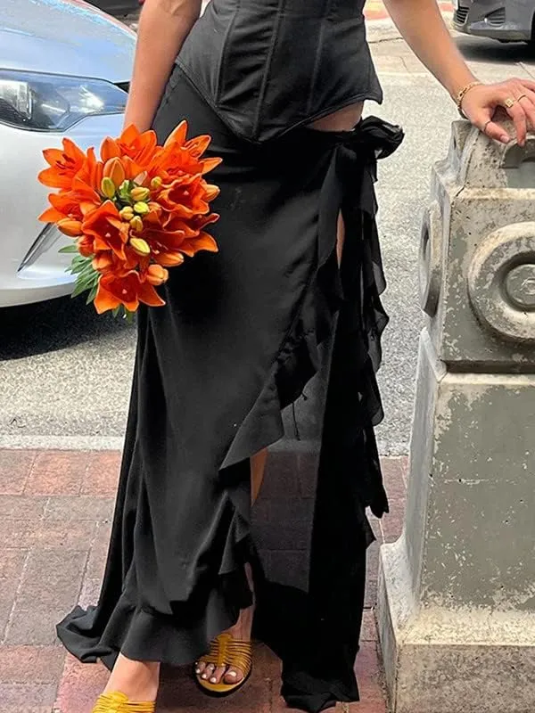 Long Cargo Skirts for Women with Pockets Low Rise Drawstring Shirred Baggy Skirt E Girls Vintage Harajuku Streetwear
