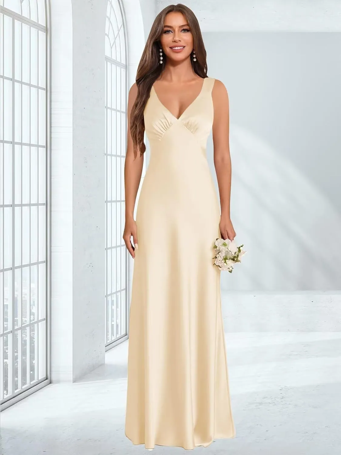 Long Satin Bridesmaid Dresses for Women V-Neck A-Line Pleated Sleeveless Formal Evening Dress