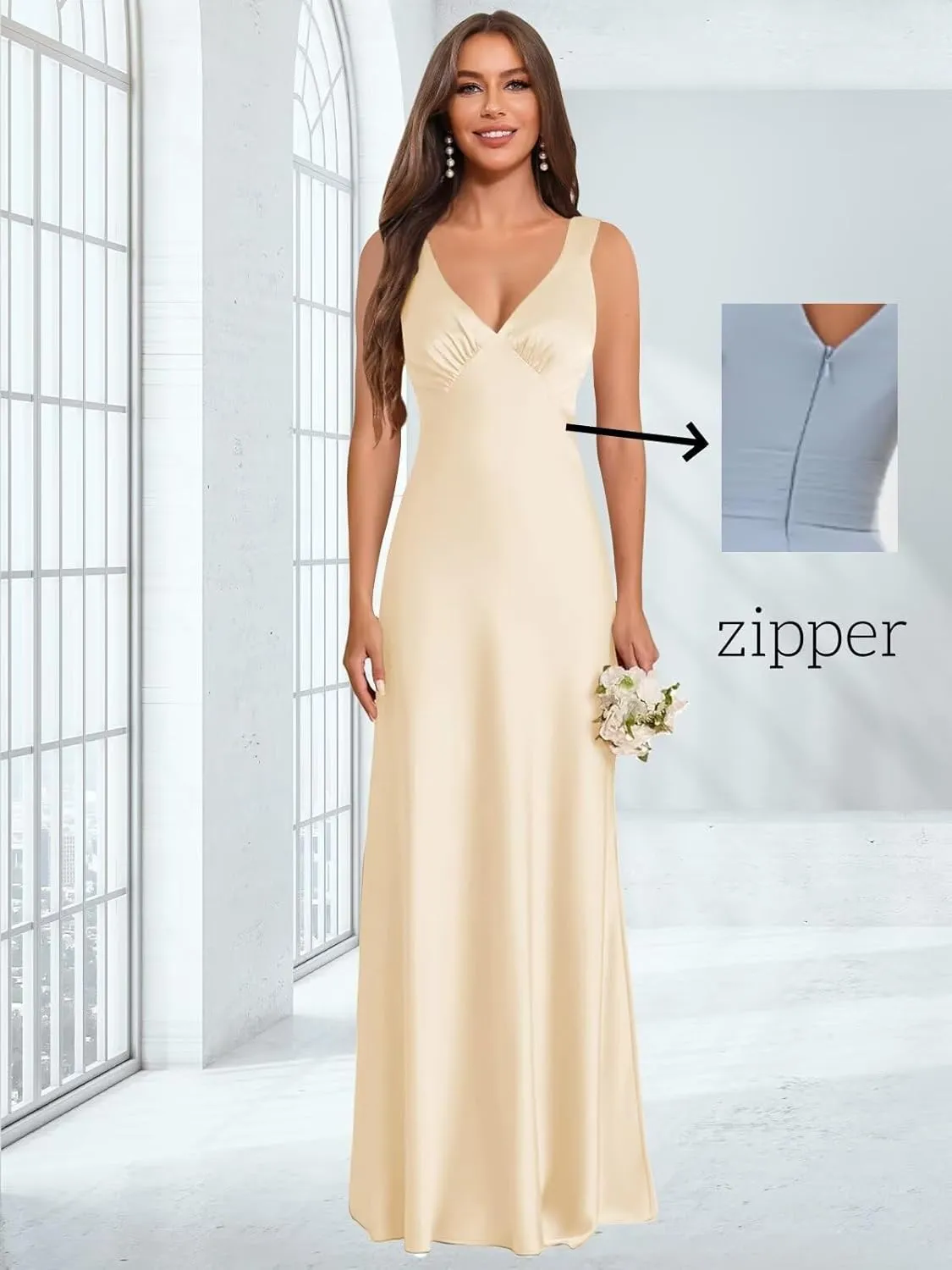 Long Satin Bridesmaid Dresses for Women V-Neck A-Line Pleated Sleeveless Formal Evening Dress