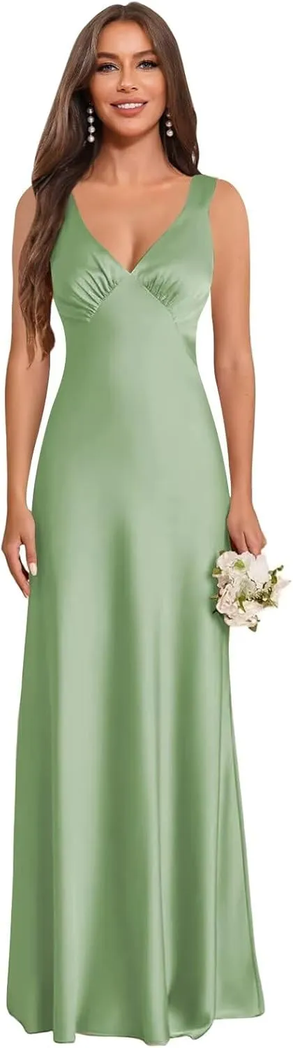 Long Satin Bridesmaid Dresses for Women V-Neck A-Line Pleated Sleeveless Formal Evening Dress