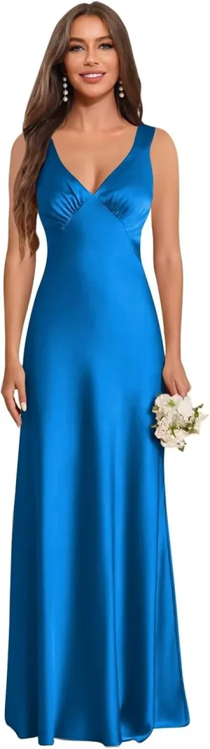 Long Satin Bridesmaid Dresses for Women V-Neck A-Line Pleated Sleeveless Formal Evening Dress