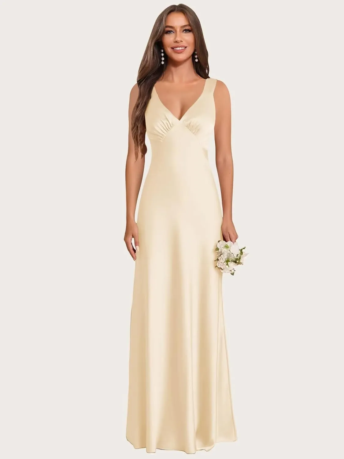 Long Satin Bridesmaid Dresses for Women V-Neck A-Line Pleated Sleeveless Formal Evening Dress