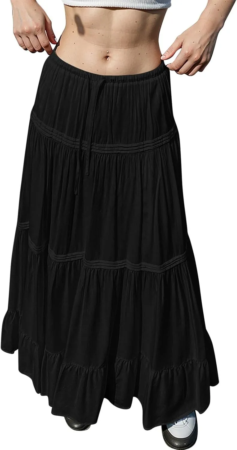 Long Skirts for Women Trendy Boho Maxi Skirt Summer Flowy Swing Tiered A-Line Elastic High Waist Dress