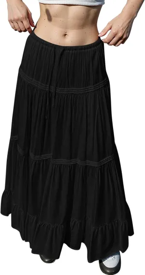 Long Skirts for Women Trendy Boho Maxi Skirt Summer Flowy Swing Tiered A-Line Elastic High Waist Dress