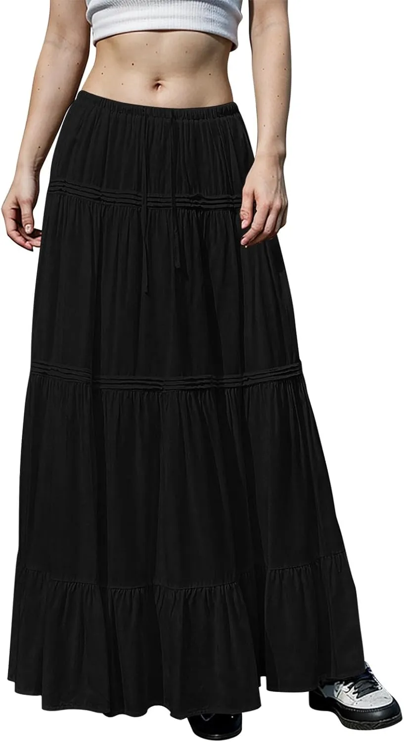Long Skirts for Women Trendy Boho Maxi Skirt Summer Flowy Swing Tiered A-Line Elastic High Waist Dress