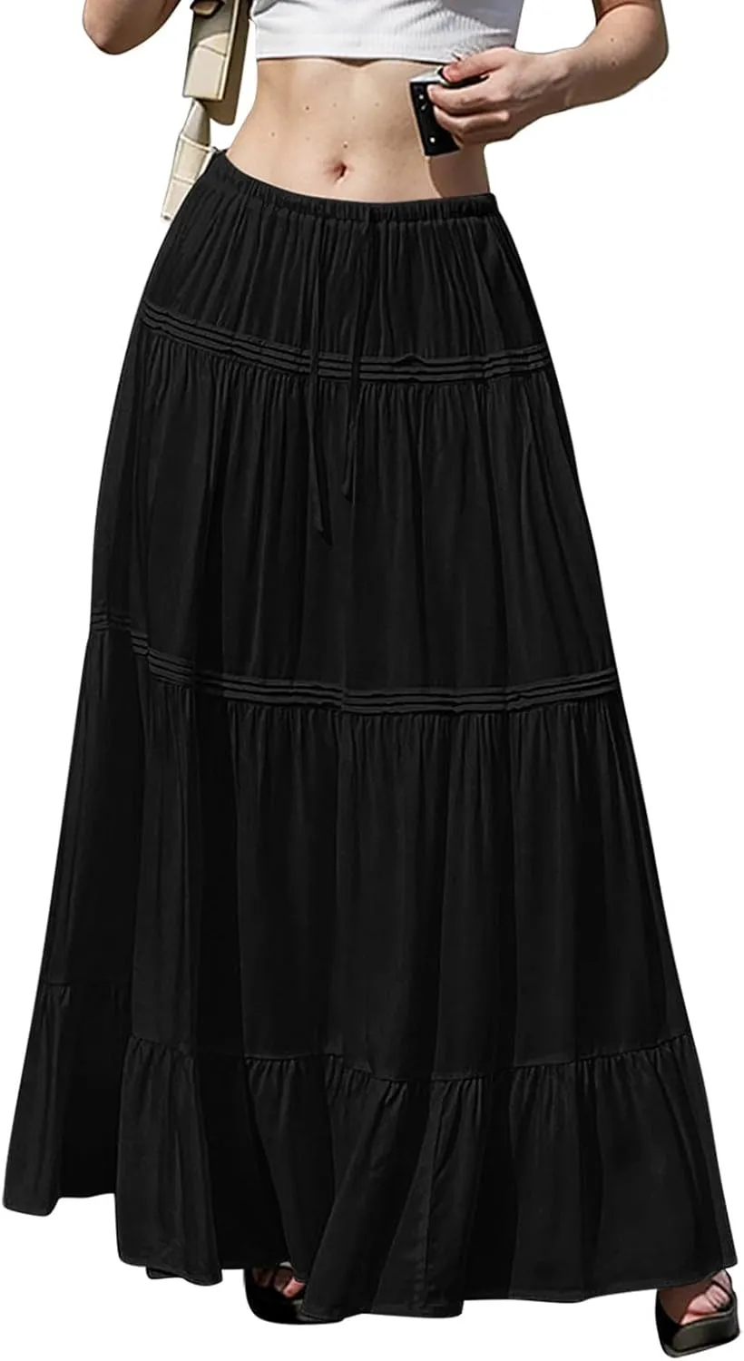Long Skirts for Women Trendy Boho Maxi Skirt Summer Flowy Swing Tiered A-Line Elastic High Waist Dress