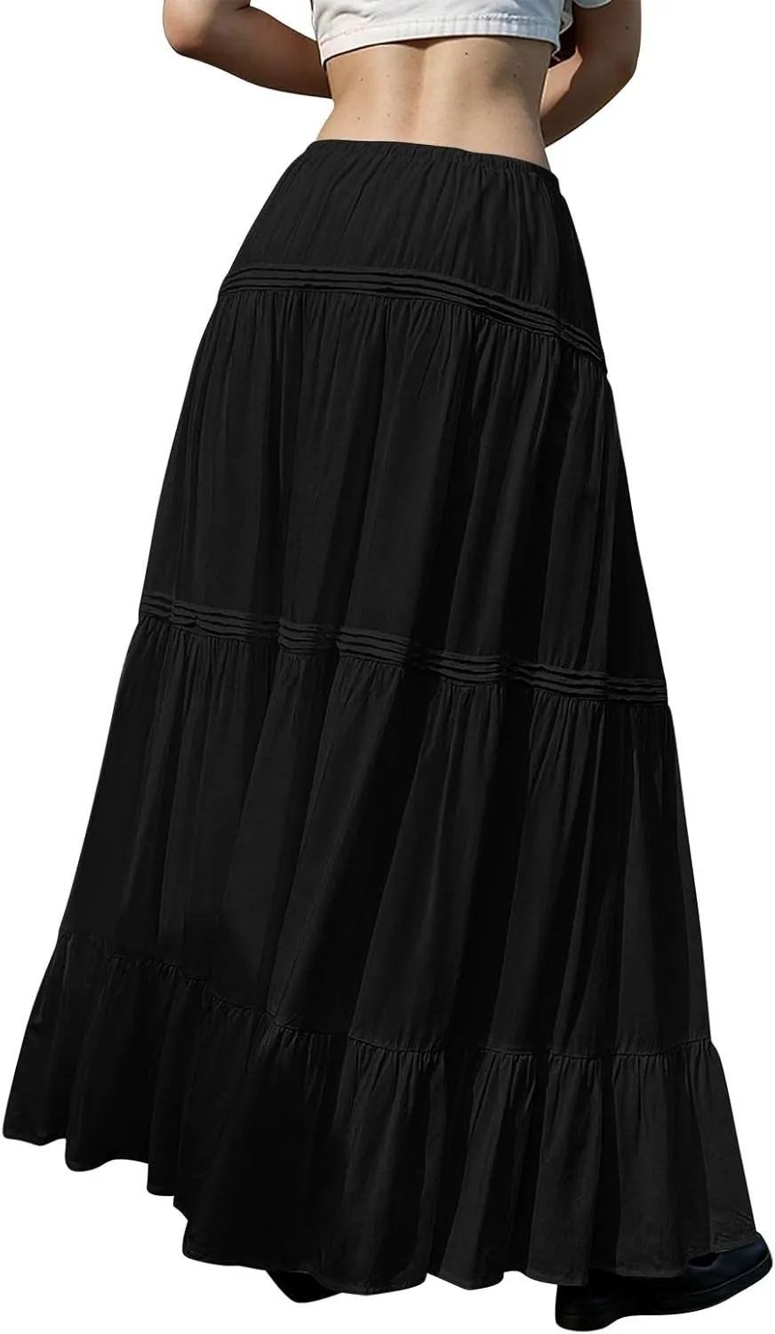 Long Skirts for Women Trendy Boho Maxi Skirt Summer Flowy Swing Tiered A-Line Elastic High Waist Dress