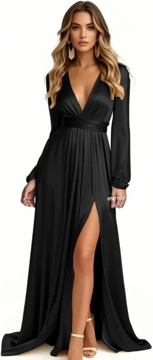Long Sleeve Bridesmaid Dresses for Wedding Satin V-Neck Formal Dress Pleated Evening Party Gown with Slit