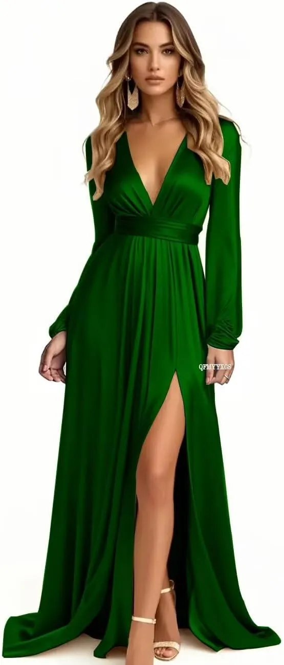 Long Sleeve Bridesmaid Dresses for Wedding Satin V-Neck Formal Dress Pleated Evening Party Gown with Slit