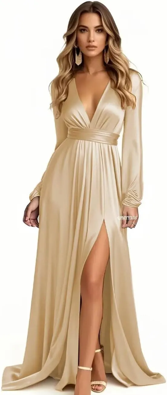 Long Sleeve Bridesmaid Dresses for Wedding Satin V-Neck Formal Dress Pleated Evening Party Gown with Slit