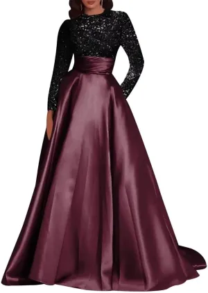 Long Sleeve Sequin Prom Dresses for Women A Line Satin Formal Dresses Glitter Evening Party Gowns LL-M009