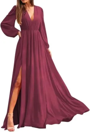 Long Sleeves Bridesmaid Dresses for Wedding Guest Chiffon Formal Evening Party Prom Maxi Gown with Slit AN371