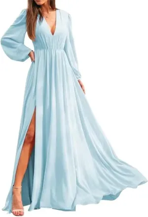 Long Sleeves Bridesmaid Dresses for Wedding Guest Chiffon Formal Evening Party Prom Maxi Gown with Slit AN371