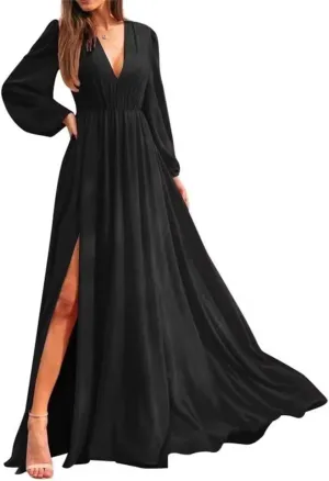 Long Sleeves Bridesmaid Dresses for Wedding Guest Chiffon Formal Evening Party Prom Maxi Gown with Slit AN371