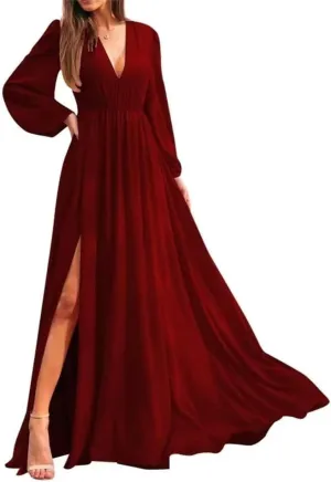 Long Sleeves Bridesmaid Dresses for Wedding Guest Chiffon Formal Evening Party Prom Maxi Gown with Slit AN371