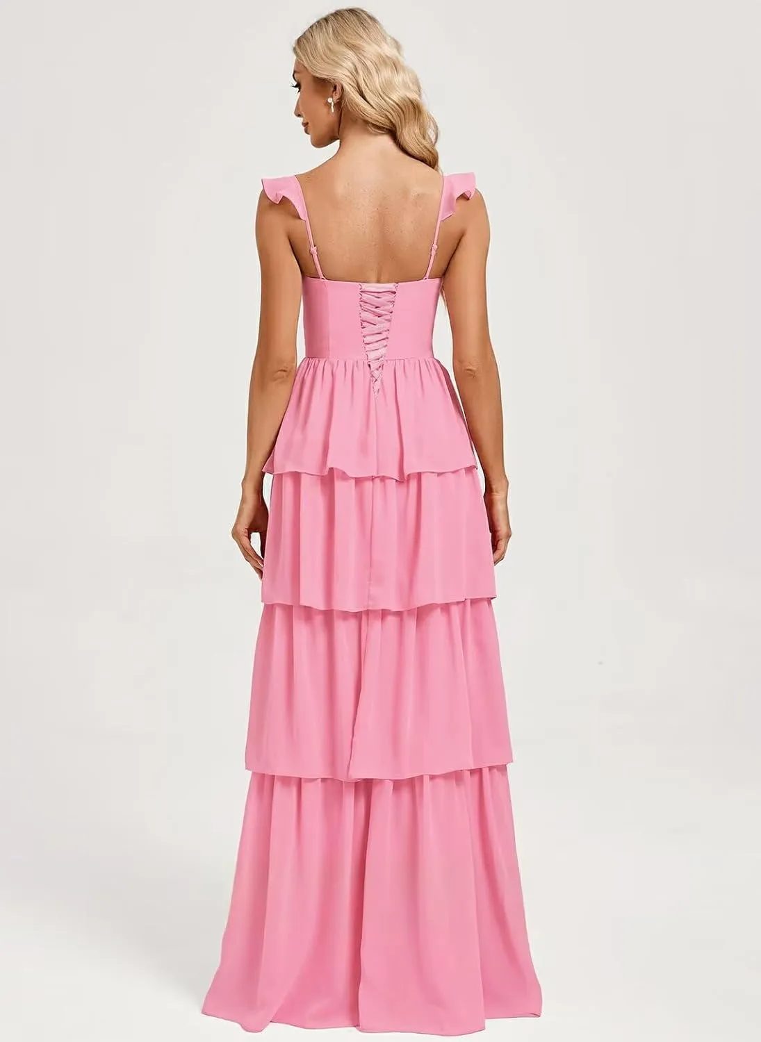 Long Tiered Chiffon Bridesmaid Dresses with Ruffles Spaghetti Straps Formal Dresses for Women with Slit WO084