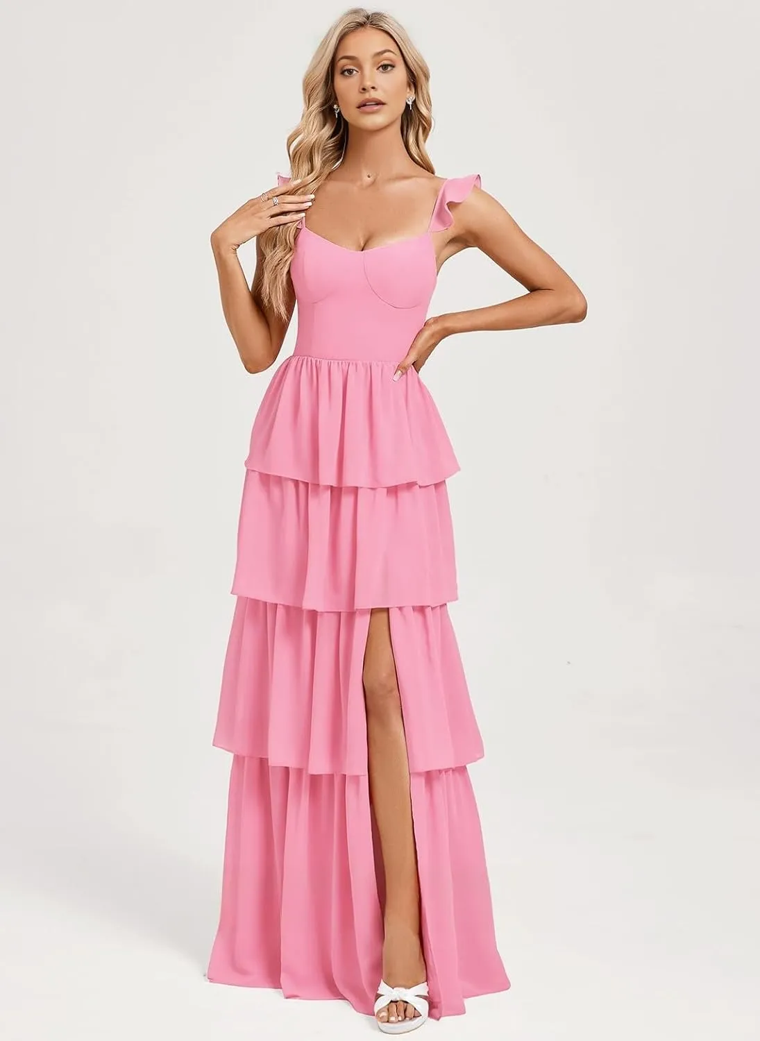 Long Tiered Chiffon Bridesmaid Dresses with Ruffles Spaghetti Straps Formal Dresses for Women with Slit WO084
