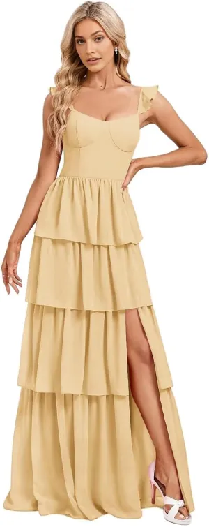 Long Tiered Chiffon Bridesmaid Dresses with Ruffles Spaghetti Straps Formal Dresses for Women with Slit WO084
